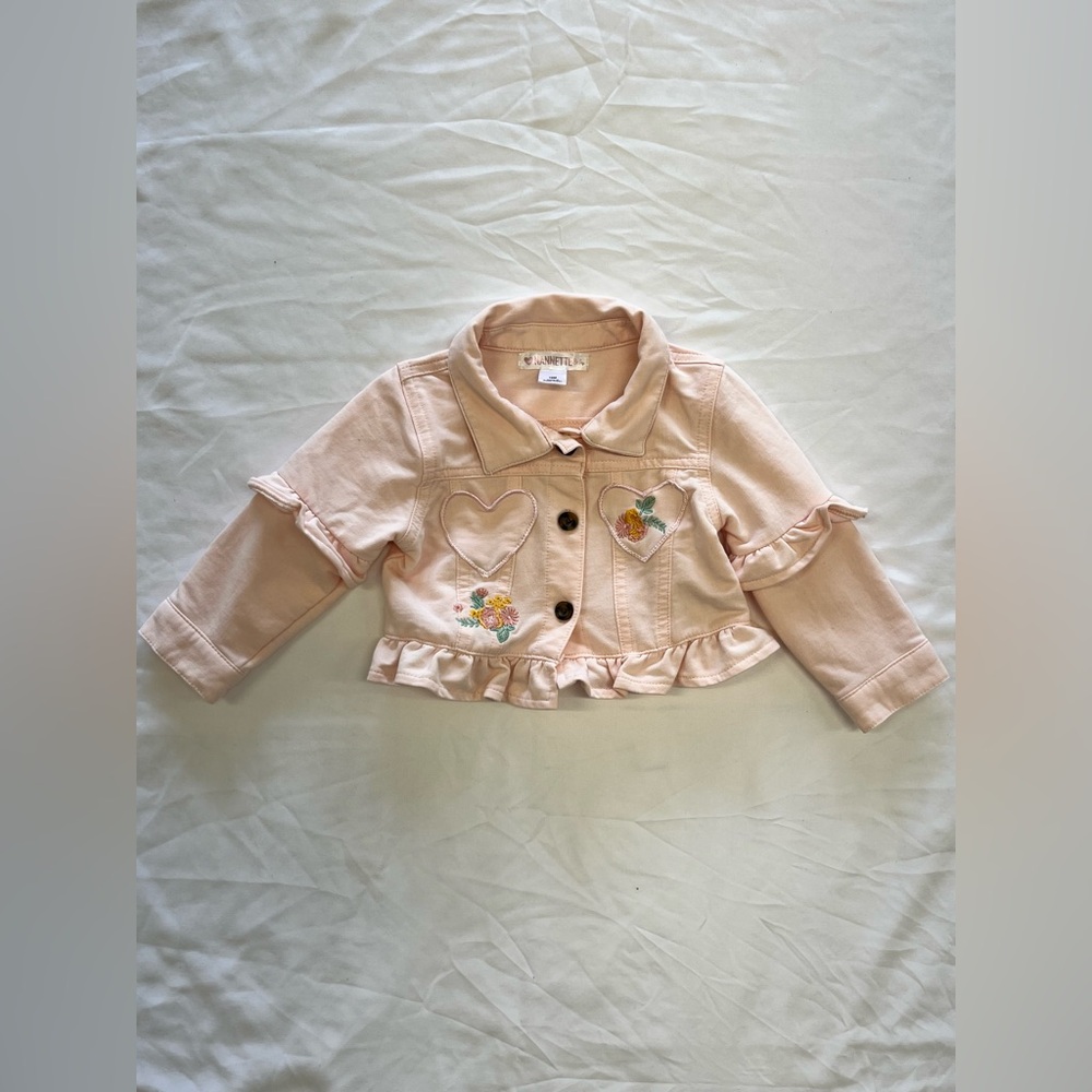Nanette Baby Light Pink Jean Jacket with Heart and Floral Embroidery